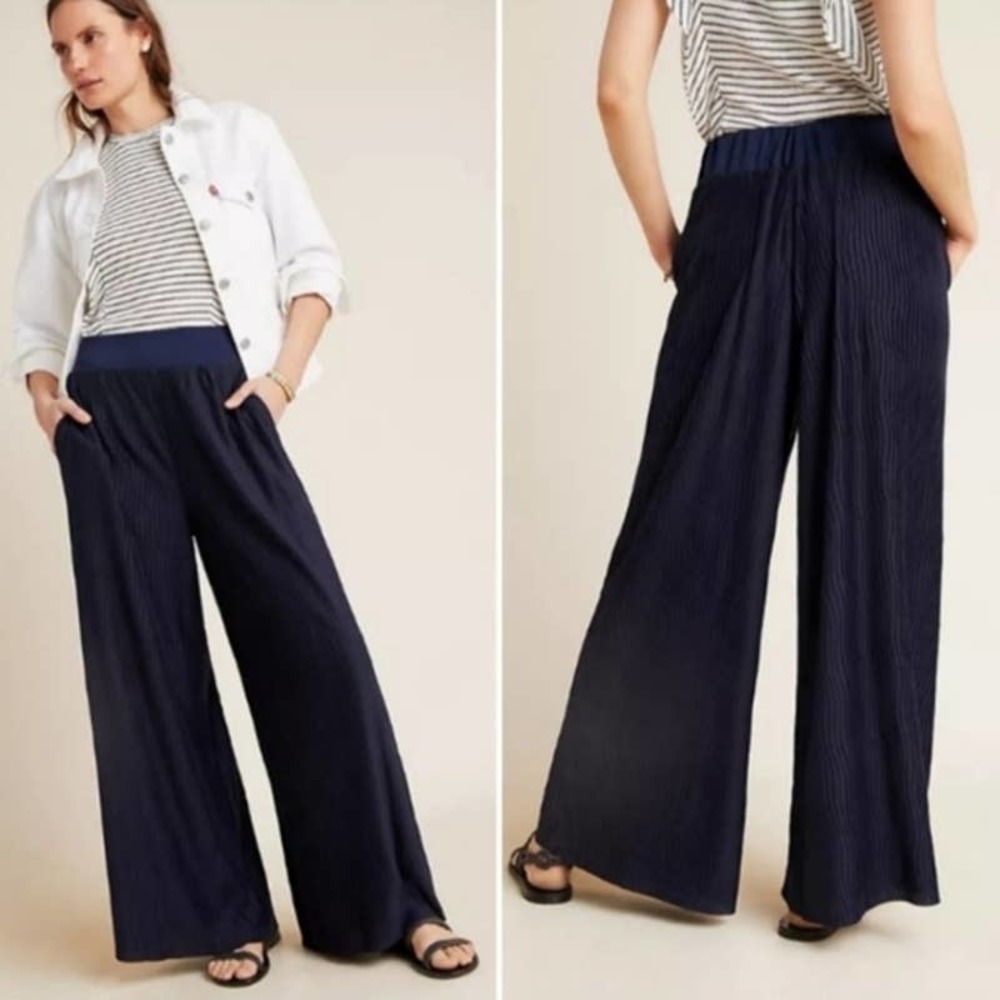 Anthropologie Delano Knit Wide Leg Pleated Palazzo Pants Navy Size M Medium